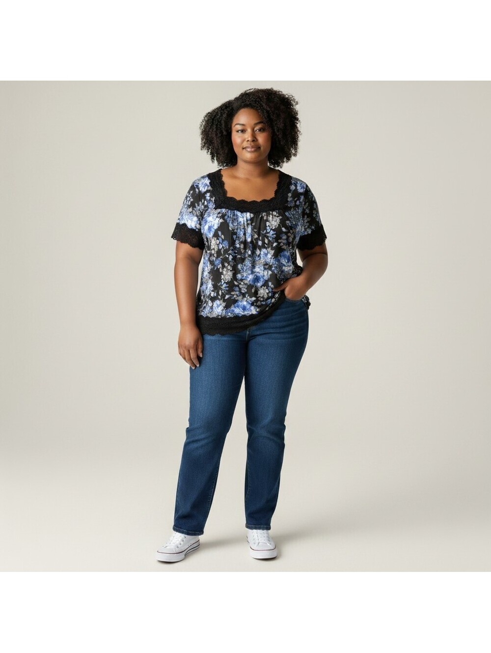 Cato Blouse Women XL Black Floral Square Neck Short Sleeve Pullover Casual